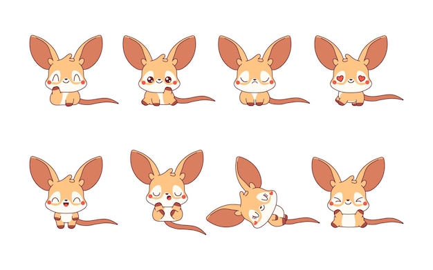 Conjunto de canguros aislados de kawaii colección de ilustraciones de animales marsupiales de dibujos animados vectoriales para