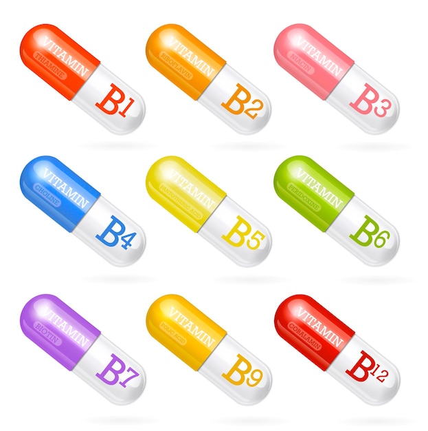 Conjunto de cápsulas que contienen vitaminas del grupo B Píldoras multicolores sobre un fondo blanco Elementos de diseño Ilustración vectorial