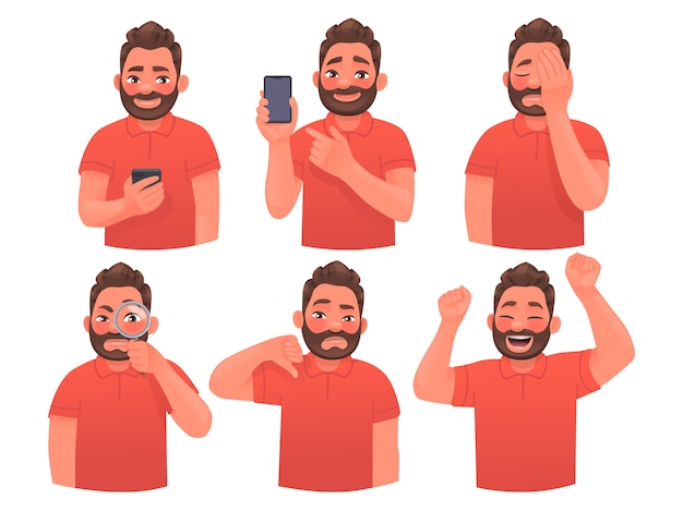 Conjunto de carácter hombre barbudo con diferentes gestos y emociones. El chico del teléfono, muestra, facepalm, disgusto, alegría. Empleado o consultor de la empresa. Ilustración vectorial en estilo de dibujos animados