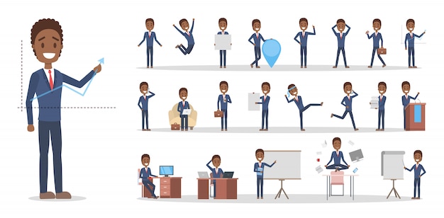 Conjunto de carácter de trabajador de oficina o empresario afroamericano en varias poses, enfrentan emociones y gestos. Hombre trabajador en traje azul. ilustración