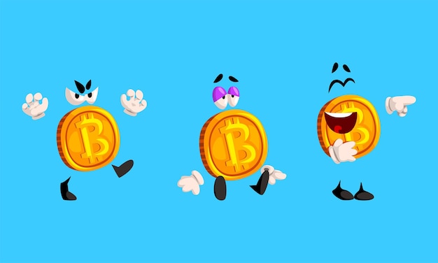 Conjunto de caracteres de Bitcoin con varias expresiones faciales En línea Concept de criptomoneda Ilustración vectorial de dibujos animados