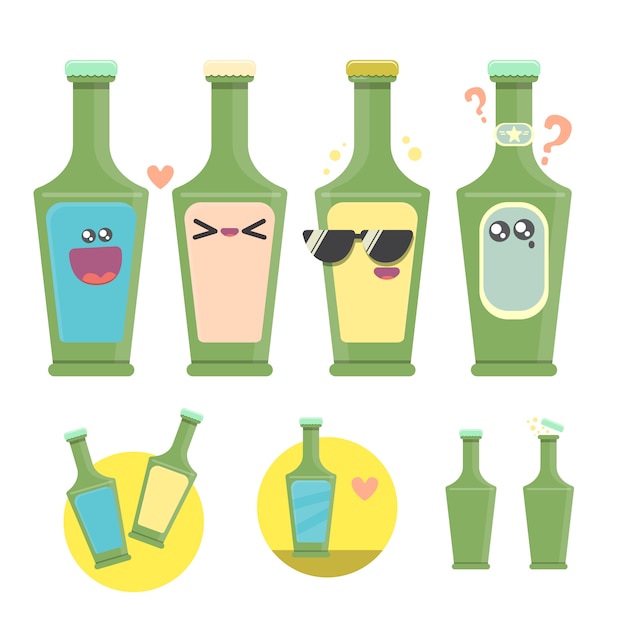 Vector conjunto de caracteres de botella de cerveza sonriente divertida de dibujos animados