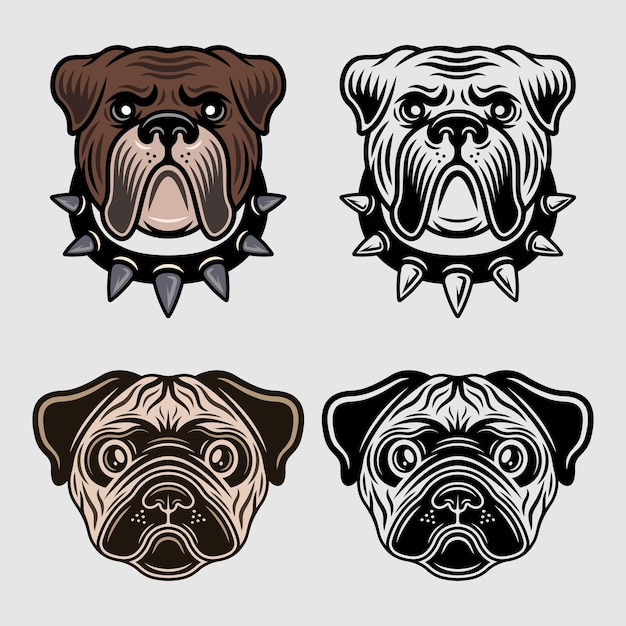 Vector conjunto de caracteres de cabezas de perro de objetos vectoriales en dos estilos de color y blanco y negro colección de animales bozales de perro pug y bulldog