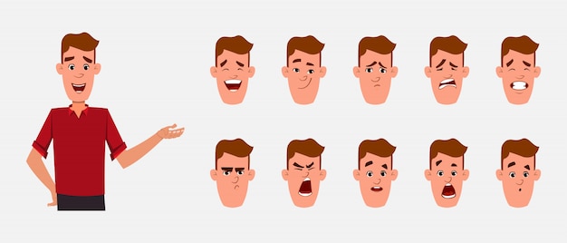 Vector conjunto de caracteres de chico joven con diferentes expresiones faciales