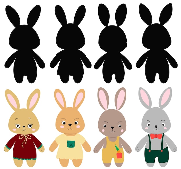 Conjunto de caracteres de conejos en vector aislado de fondo blanco