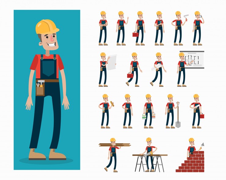 Vector conjunto de caracteres del constructor. hombre en uniforme y casco posando y gesticulando.