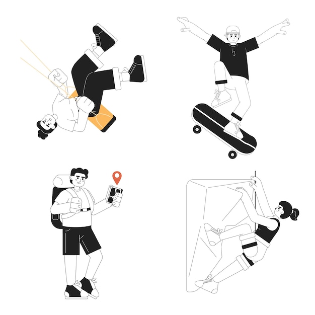 Conjunto de caracteres de contorno de dibujos animados de vector plano de actividad al aire libre de verano