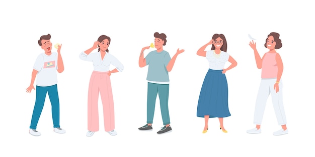Conjunto de caracteres detallado de color plano de cinco sentidos. Varias expresiones faciales. Hombres y mujeres con diferentes emociones aislaron ilustración de dibujos animados para diseño gráfico web y colección de animación