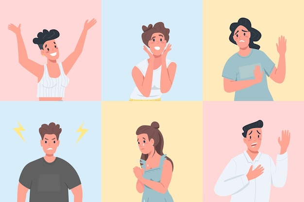 Conjunto de caracteres detallados de color plano de diferentes expresiones emocionales