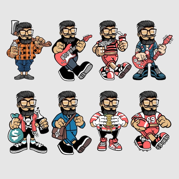 Conjunto de caracteres de dibujos animados de barba hipster