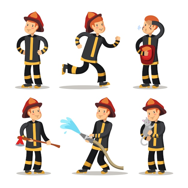 Conjunto de caracteres de dibujos animados de bombero. bombero con manguera.