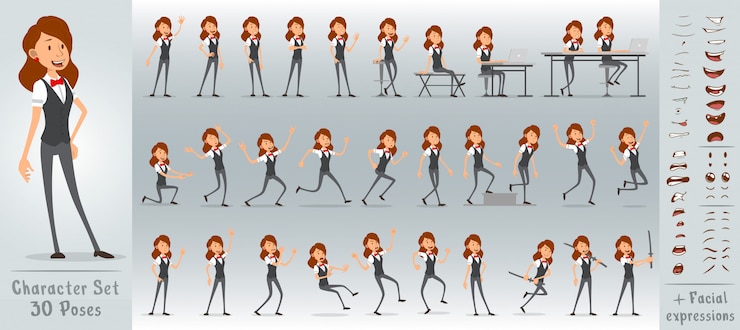 Vector conjunto de caracteres de dibujos animados chica de negocios plana