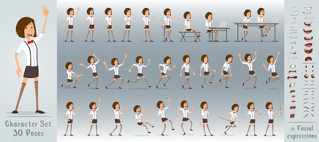 Conjunto de caracteres de dibujos animados chica de negocios plana