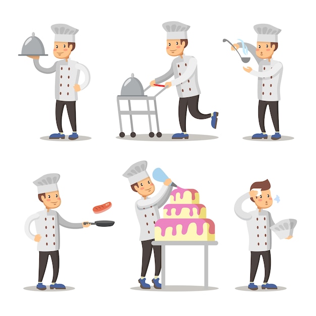 Conjunto de caracteres de dibujos animados de cocinero lindo. Hombre cocinando.