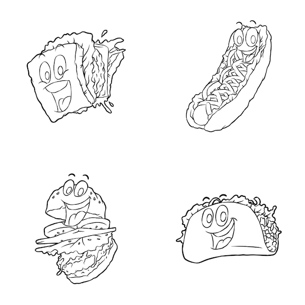 Conjunto de caracteres de dibujos animados de comida rápida para colorear ilustración