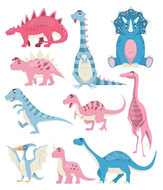 Vector conjunto de caracteres de dibujos animados de dinosaurios vector ilustración aislada lindo dino rosa azul anim prehistórico...