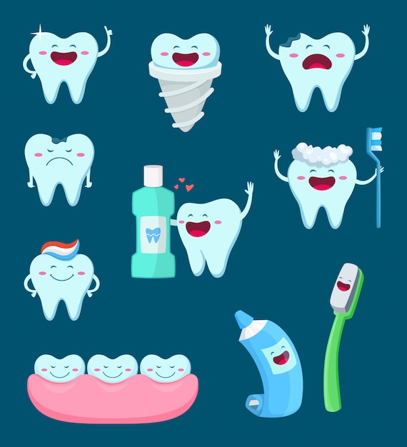 Vector conjunto de caracteres de dientes graciosos y cepillo de dientes