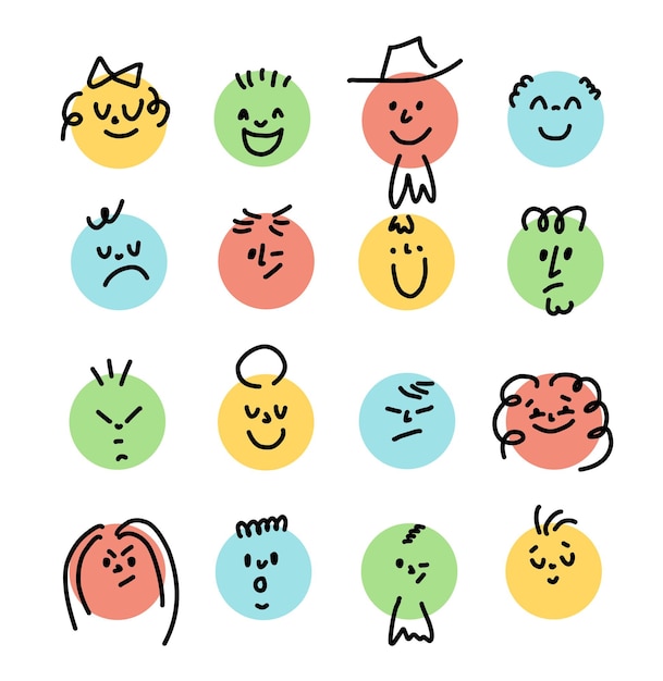 Conjunto de caracteres del doodle Caras con diferentes emociones Caras dibujadas a mano Vector