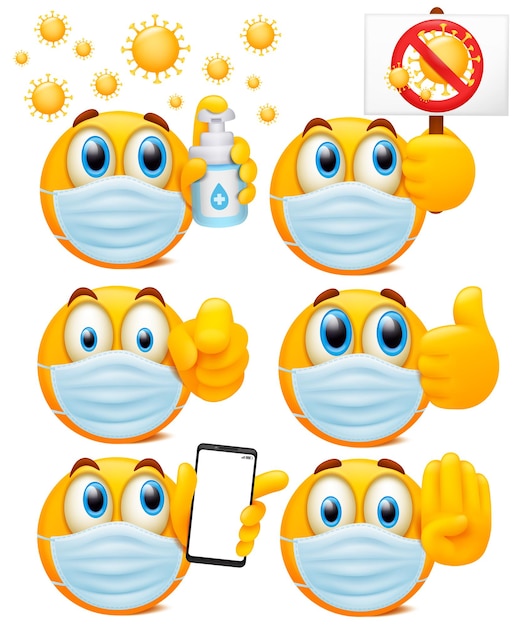 Conjunto de caracteres emoji redondos amarillos con máscaras médicas. colección de dibujos animados de estilo 3d.