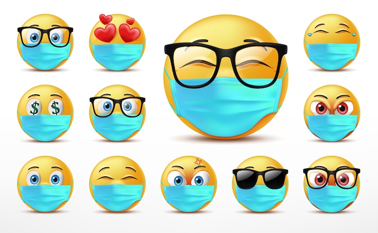 Vector conjunto de caracteres de emoticonos de caras sonrientes, expresiones faciales de lindas caras amarillas cubiertas con máscara médica.