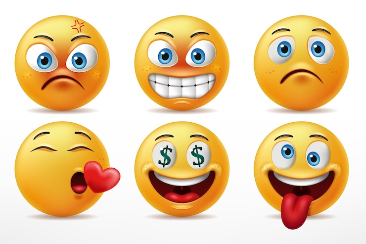 Vector conjunto de caracteres de emoticonos de caras sonrientes, expresiones faciales de lindas caras amarillas enfadadas, enamoradas, enloquecidas y tristes.