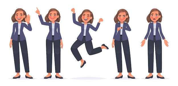 Conjunto de caracteres de empresaria La empresa de la mujer saluda salta felizmente mira la fecha límite del reloj confundida