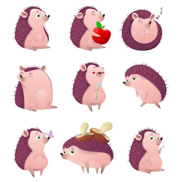 Conjunto de caracteres de erizo de dibujos animados