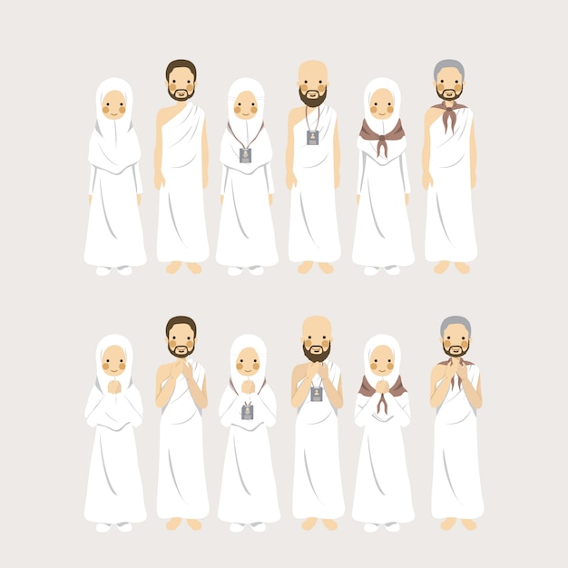 Vector conjunto de caracteres figurativos pareja musulmana hajj y umrah como peregrinación islámica en diferentes signos de identificación