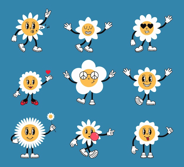 Conjunto de caracteres de flores de manzanilla Groovy Linda mascota retro con cara divertida Ilustración de vector de dibujos animados