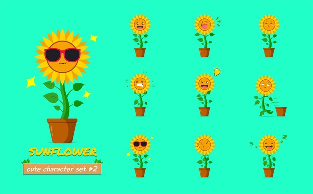 Conjunto de caracteres de girasol 2 aislado en un fondo verde Ilustración de emoticono de personaje de girasol