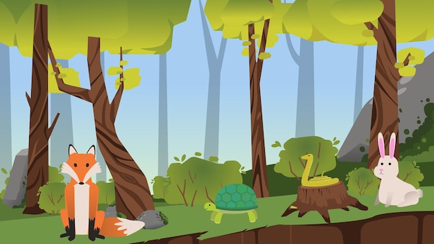 Conjunto de caracteres de grupo de animales lindos del bosque paisaje de primavera conejo serpiente tortuga zorro escena natural