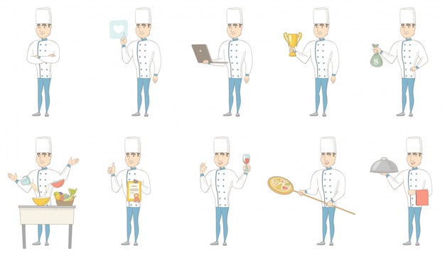 Conjunto de caracteres del joven chef caucásico