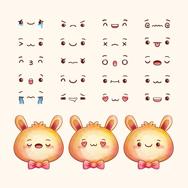 Conjunto de caracteres kawaii acuarela