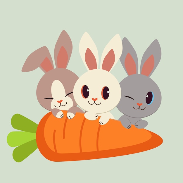 Vector conjunto de caracteres de lindo conejo con una gran zanahoria.