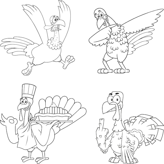 Conjunto de caracteres de mascota de dibujos animados de aves de Turquía contorneado. Colección aislada sobre fondo blanco