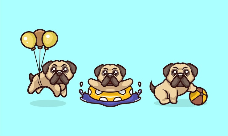 Vector conjunto de caracteres de mascota de vector de logotipo de dibujos animados de perro pug lindo diseño ilustración con fondo aislado