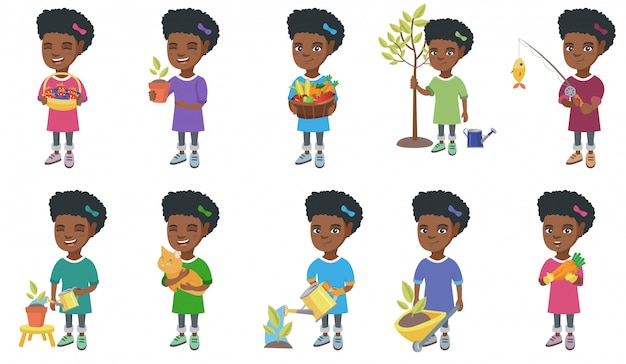 Vector conjunto de caracteres de niña africana