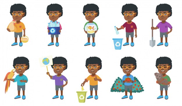 Vector conjunto de caracteres de niño africano pequeño