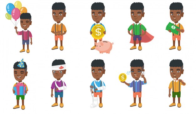 Conjunto de caracteres de niño africano pequeño