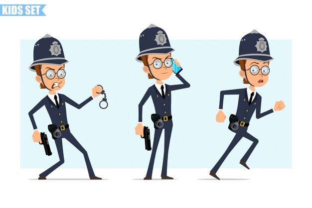 Conjunto de caracteres de niño de policía británico de dibujos animados