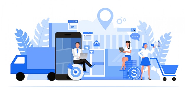 Conjunto de caracteres de personas de negocios. Optimización del negocio local y concepto de marketing.