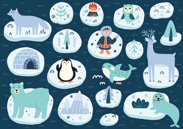 Conjunto de caracteres del Polo Norte. Linda colección de animales del Ártico. ilustración