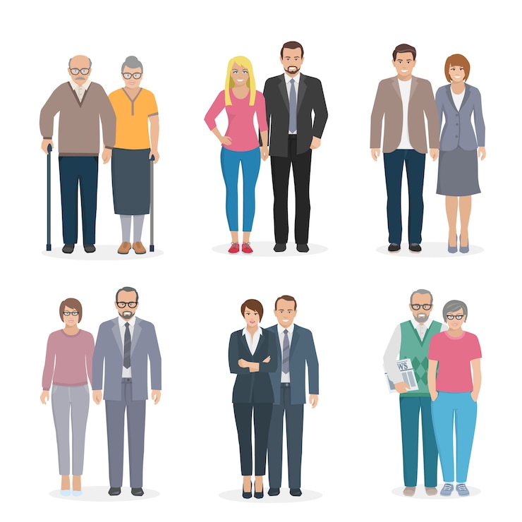 Vector conjunto de caracteres que representa a una pareja familiar en la ilustración de vector de diferentes edades