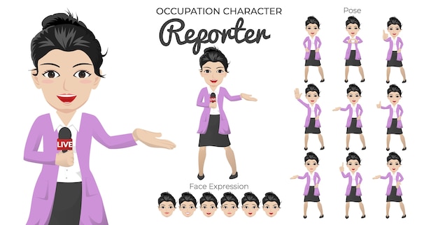 Conjunto de caracteres de reportera femenina con variedad de poses y expresiones faciales