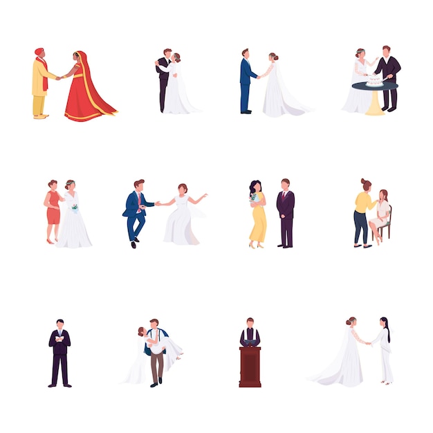 Conjunto de caracteres sin rostro de color plano de ceremonia de boda novio y novia se dan la mano ilustración de dibujos animados aislados de celebración de matrimonio de pareja gay para diseño gráfico web y colección de animación