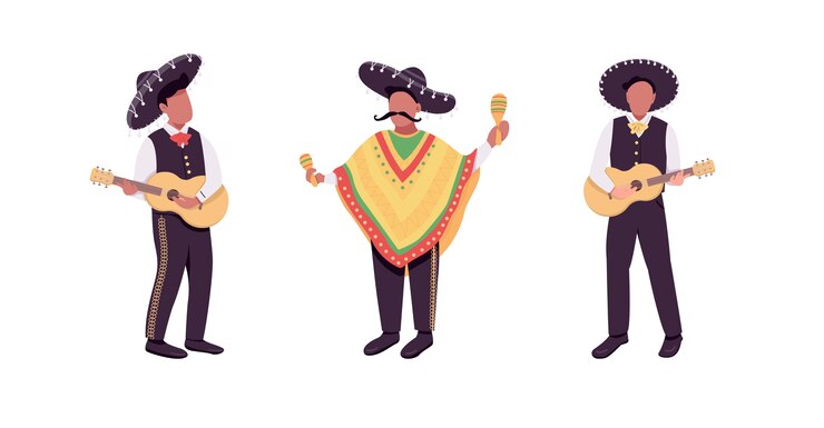 Vector conjunto de caracteres sin rostro de músicos mexicanos de color plano. guitarrista hispano. ilustración de dibujos animados aislados de banda de música latina tradicional para diseño gráfico web y colección de animación
