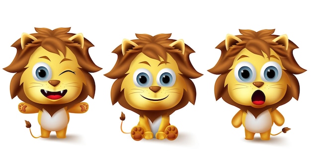 Vector conjunto de caracteres de vector de animales de león pequeños personajes de niños de animales de leones en diferentes faciales