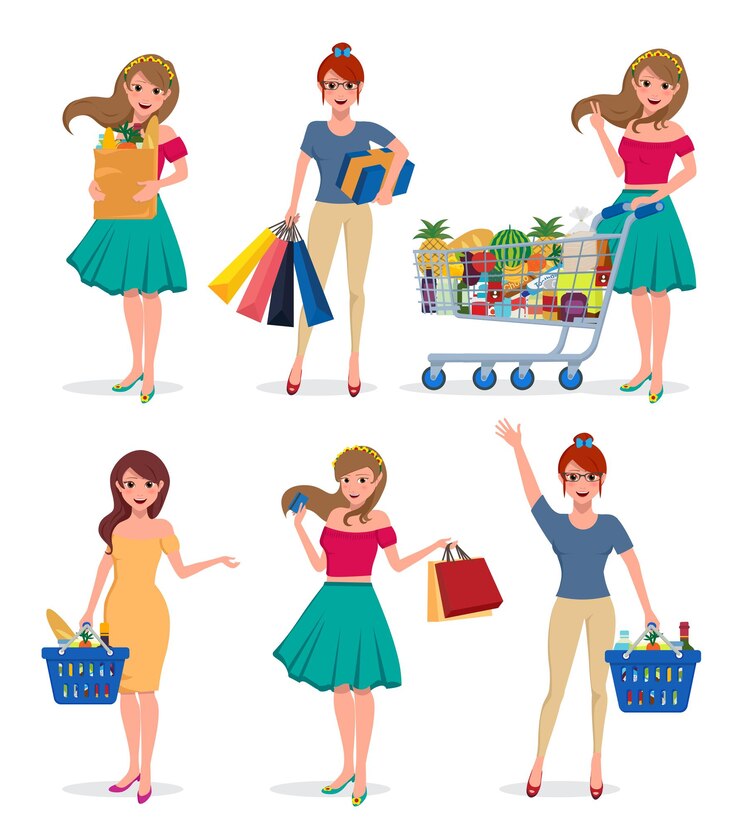 Vector conjunto de caracteres de vector de compras femeninas chica compradora sosteniendo bolsas de compras supermercado comestibles