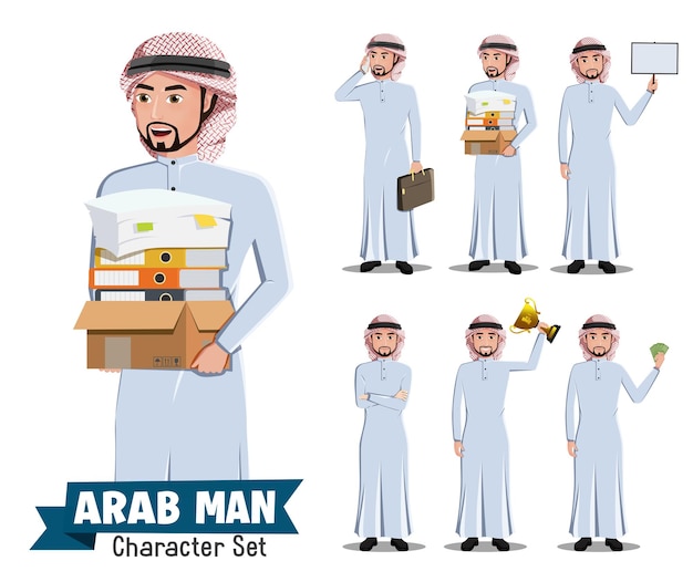 Conjunto de caracteres de vector de empleado de hombre árabe personaje masculino de oficina de arabia saudita con caja de libros