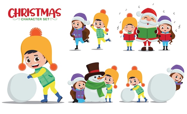 Conjunto de caracteres de vector de Navidad Personajes de niños de Navidad jugando patinaje sobre nieve y villancicos